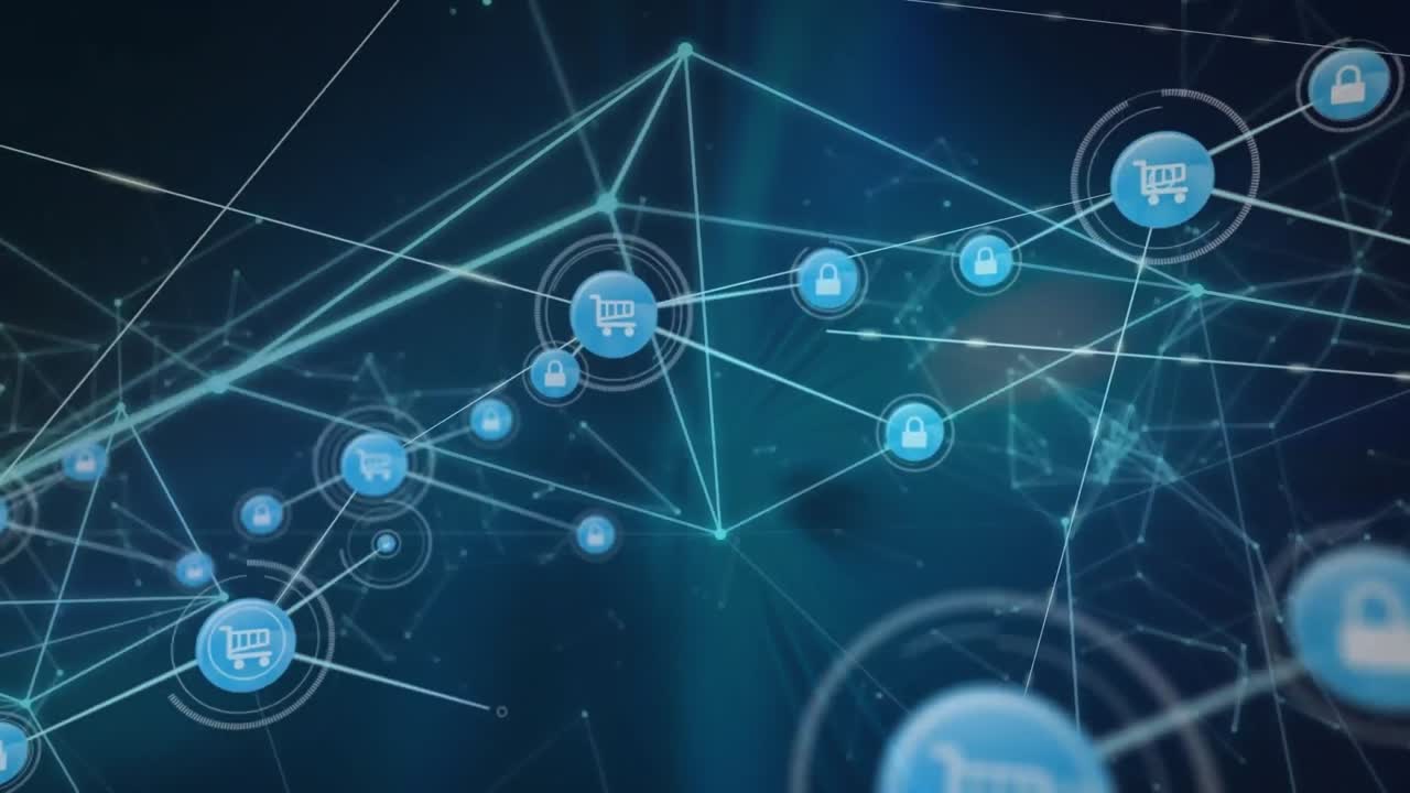 animación de la red de conexiones con iconos de carros de compras sobre un fondo oscuro