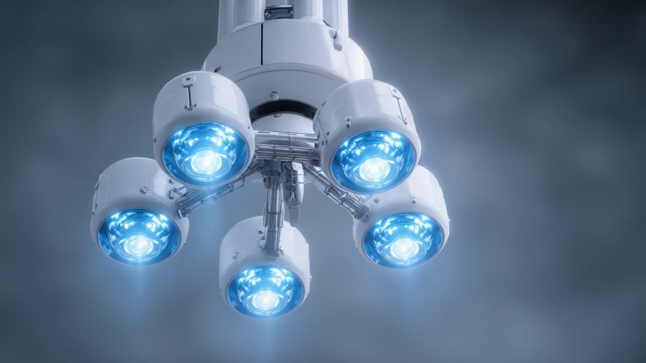 Futuristic Drone Propulsion System Featuring Five Luminescent Thrust Engines Illuminated Against a Dramatic Cloudy Background