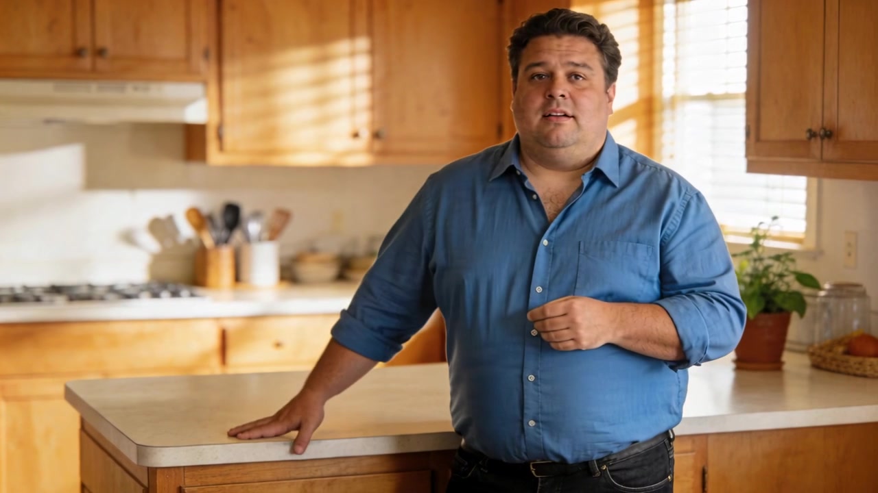 Notando movimiento en la ventana, un hombre apoyado en la isla de la cocina, girándose y ajustándose la camisa azul.