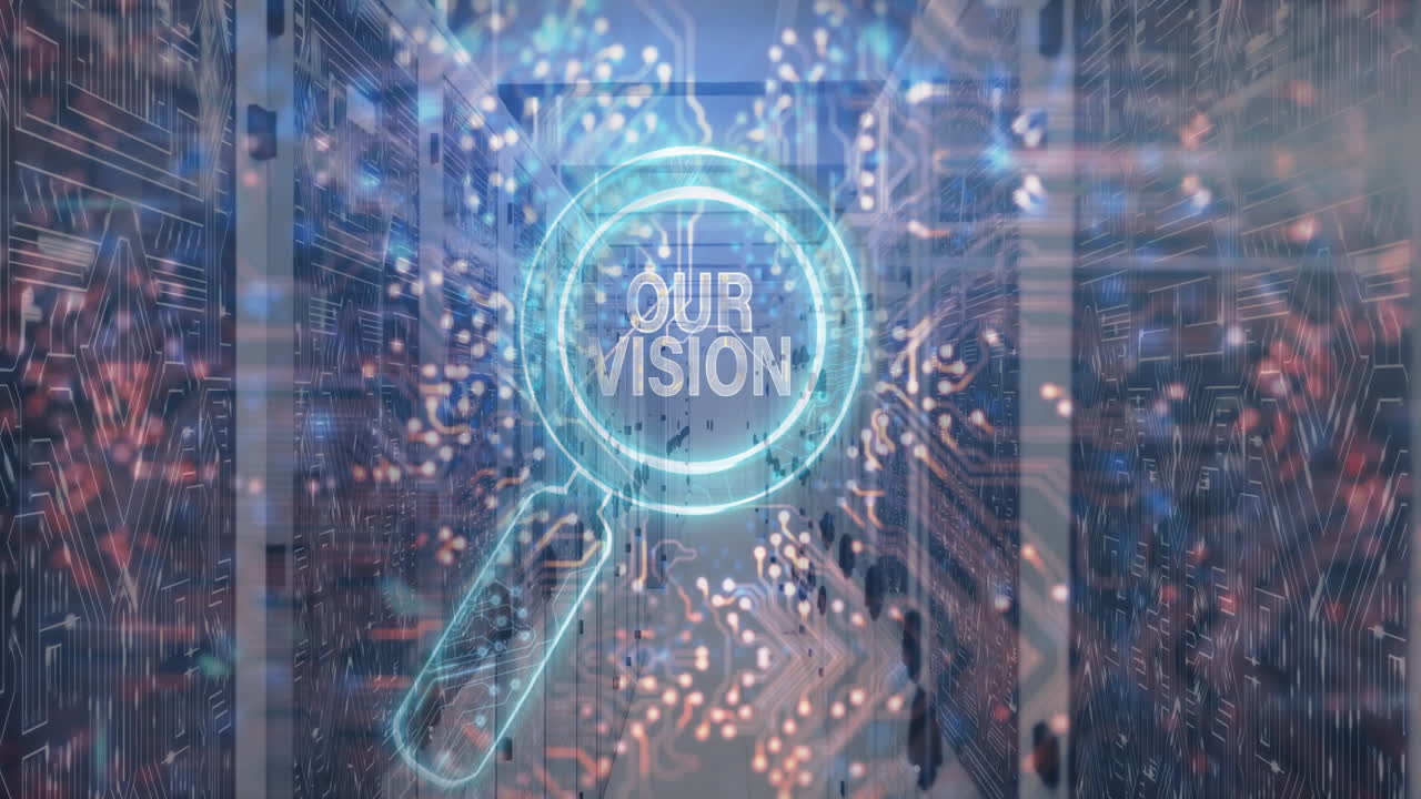 Magnifying glass with Our Vision text over digital data processing animation