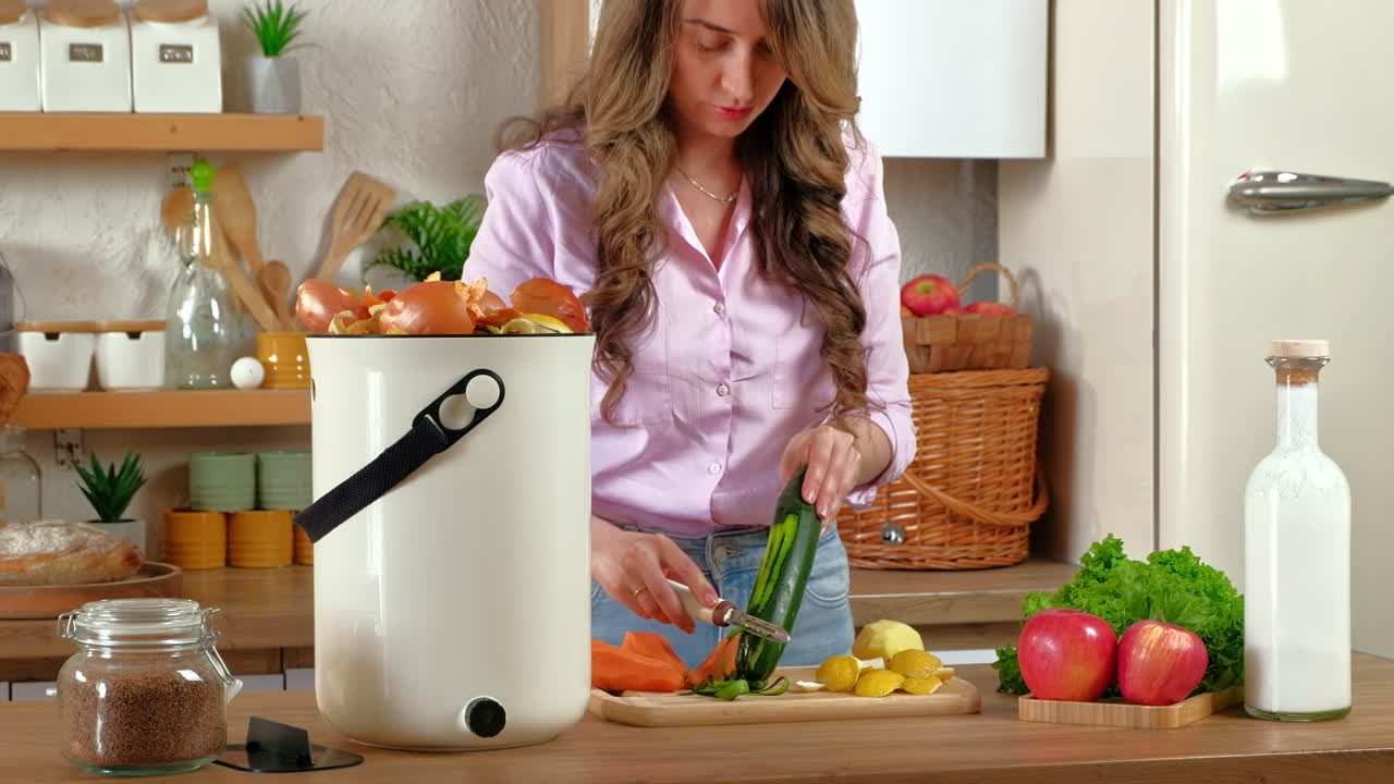 Donna che pela verdure e ricicla rifiuti organici in cucina
