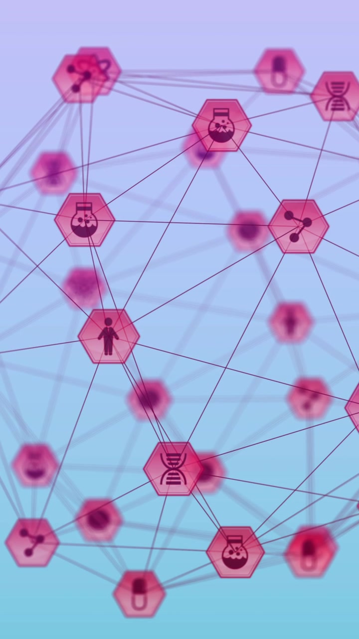 Animation of global network of communication and science icons over blue background