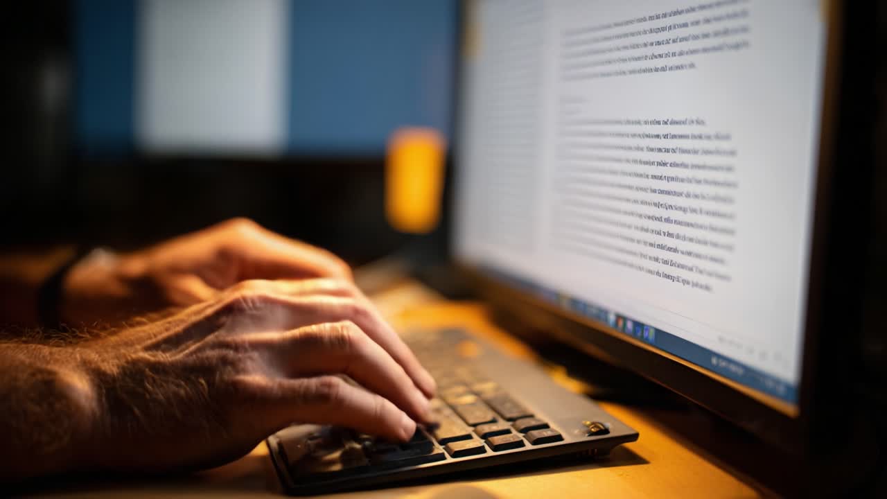 Focused Hands Typing on Keyboard with Computer Screen Illuminating in Low Light, Capturing the Essence of Productivity and Digital Interaction