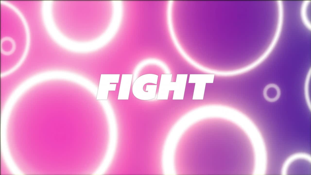 분홍색과 보라색 배경에 반이는 원 위에 텍스트 애니메이션을 싸우십시오.