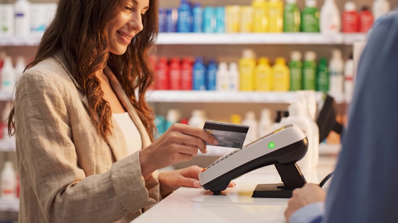 Smiling Customer Engaging with Payment Terminal at Pharmacy Counter Among Colorful Product Displays in a Bright, Modern Retail Environment