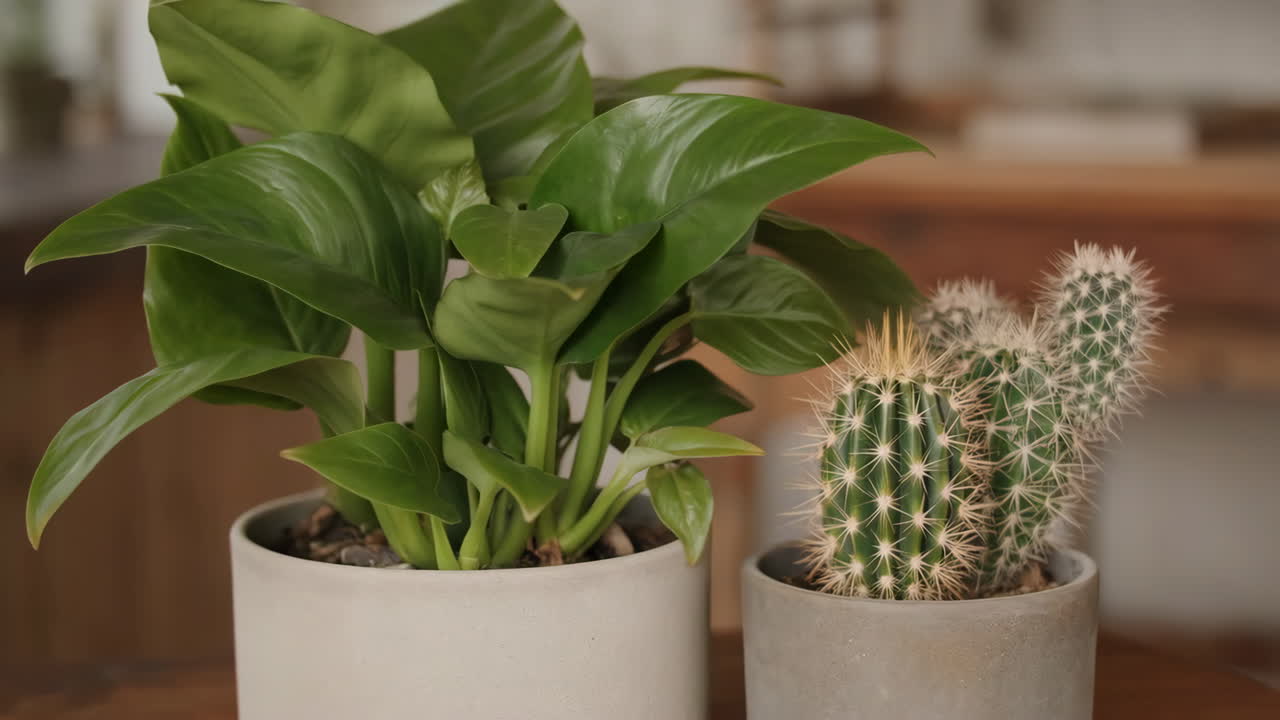 Close-up of Houseplants: Green Plant and Cactus
