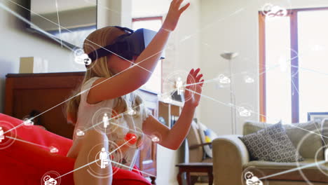 animación de la red de conexiones con iconos sobre la chica que lleva auriculares vr
