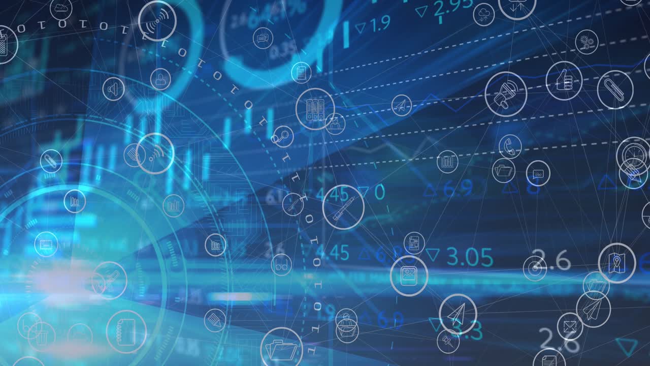 파란색 배경에 스캔하는 스 ⁇  위의 디지털 아이콘의 애니메이션