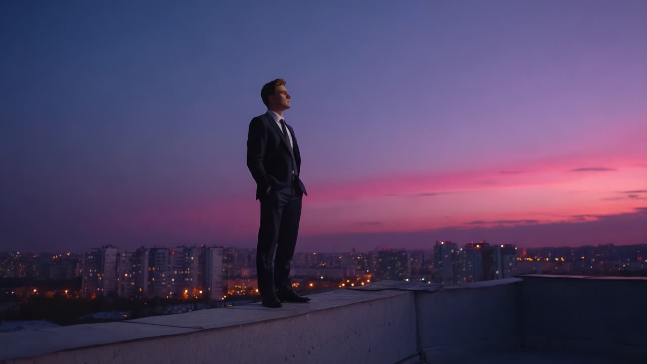 A Dapper Man Stands Confidently on the Edge of a Rooftop, Gazing Over a City Skyline at Dusk, Bathed in Beautiful Sunset Hues of Pink and Purple