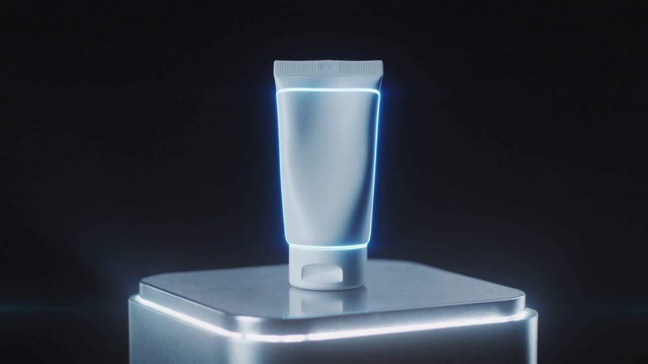 Contorno al neon pulsante che delinea un tubetto bianco spremibile su un piedistallo da studio scuro, evidenziando il bordo LED.