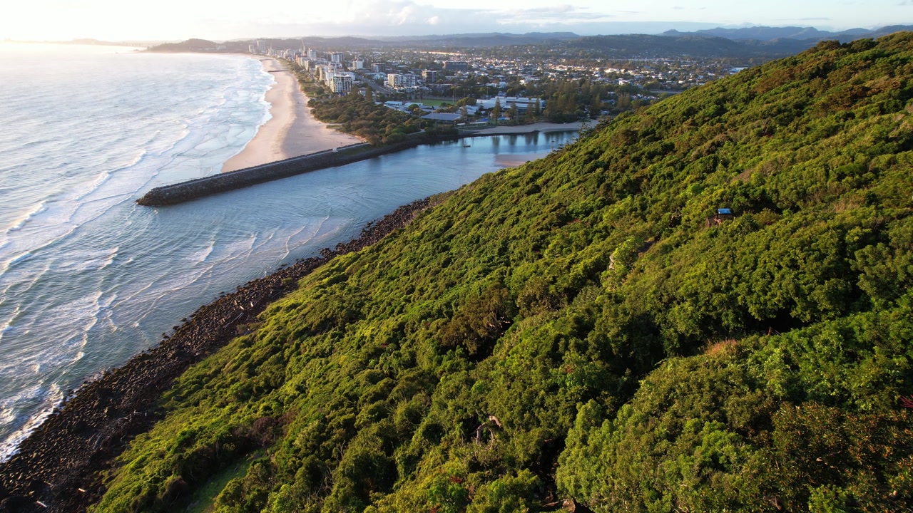 Tallebudgera Creek Mouth And Palm Beach From Burleigh Heads National Park At Sunrise In QLD, Australia. - aerial shot
