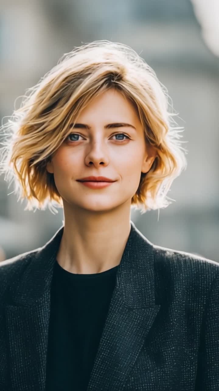 Et fængslende portræt af en selvsikker blond kvinde med moderne stil og ubesværet charme, der fremhæver hendes naturlige skønhed og fattede udtryk mod en blød urban baggrund