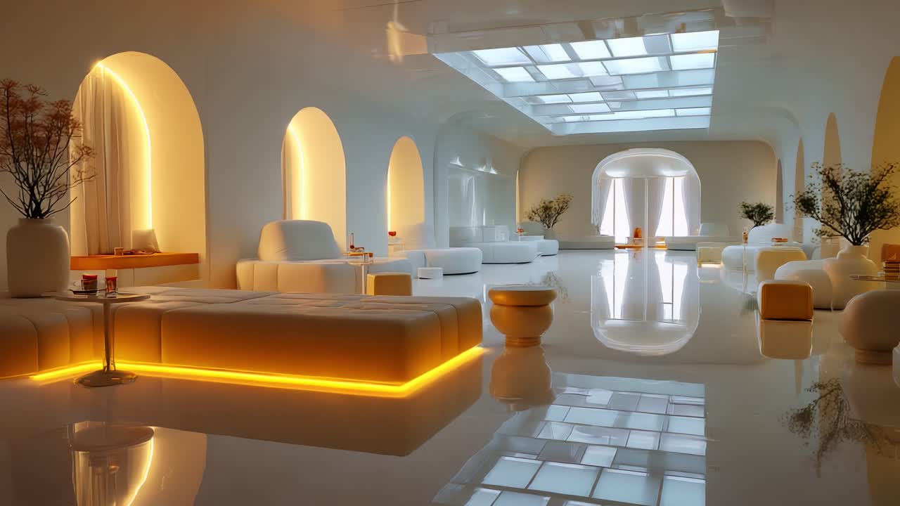 A Serene and Modern Interior Design Showcasing Sleek Furniture, Soft Lighting, and Reflective Surfaces, Creating a Harmonious Atmosphere for Relaxation and Contemporary Living Spaces