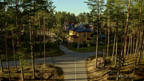 Beautiful-aerial-through-the-trees-in-a-suburban-area-inside-a-lush-forrest-heavy-shadows-and-sunlight