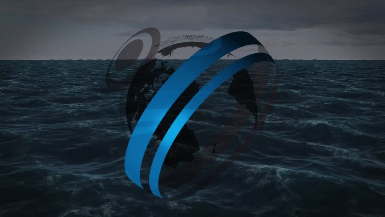 Animation of globe spinning with scope scanning over seascape