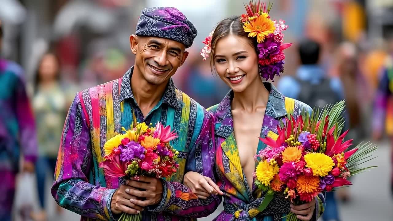 A man and a woman walking down a street holding flowers