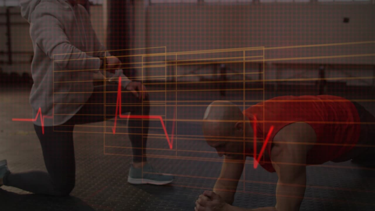 Gym trainer checking watch and tugging band, client holding plank and bracing abs, ECG spiking