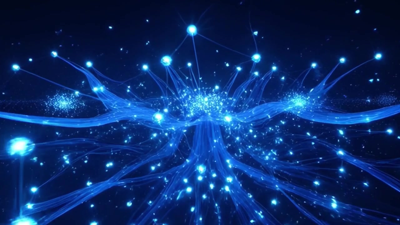 Abstract Animation of Glowing Blue Neural Network Connections