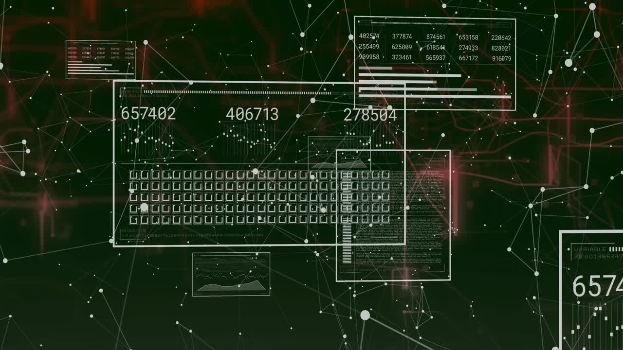 Keyboard outline fading in view, numeric labels updating and panels emerging for analytics insight