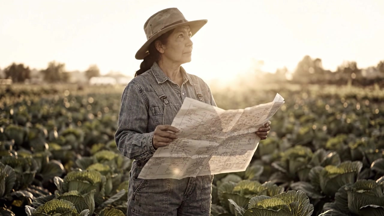Una donna determinata analizza una mappa in un campo di cavoli illuminato dal sole, incarnando lo spirito dell'agricoltura e il legame tra natura e pratiche agricole.