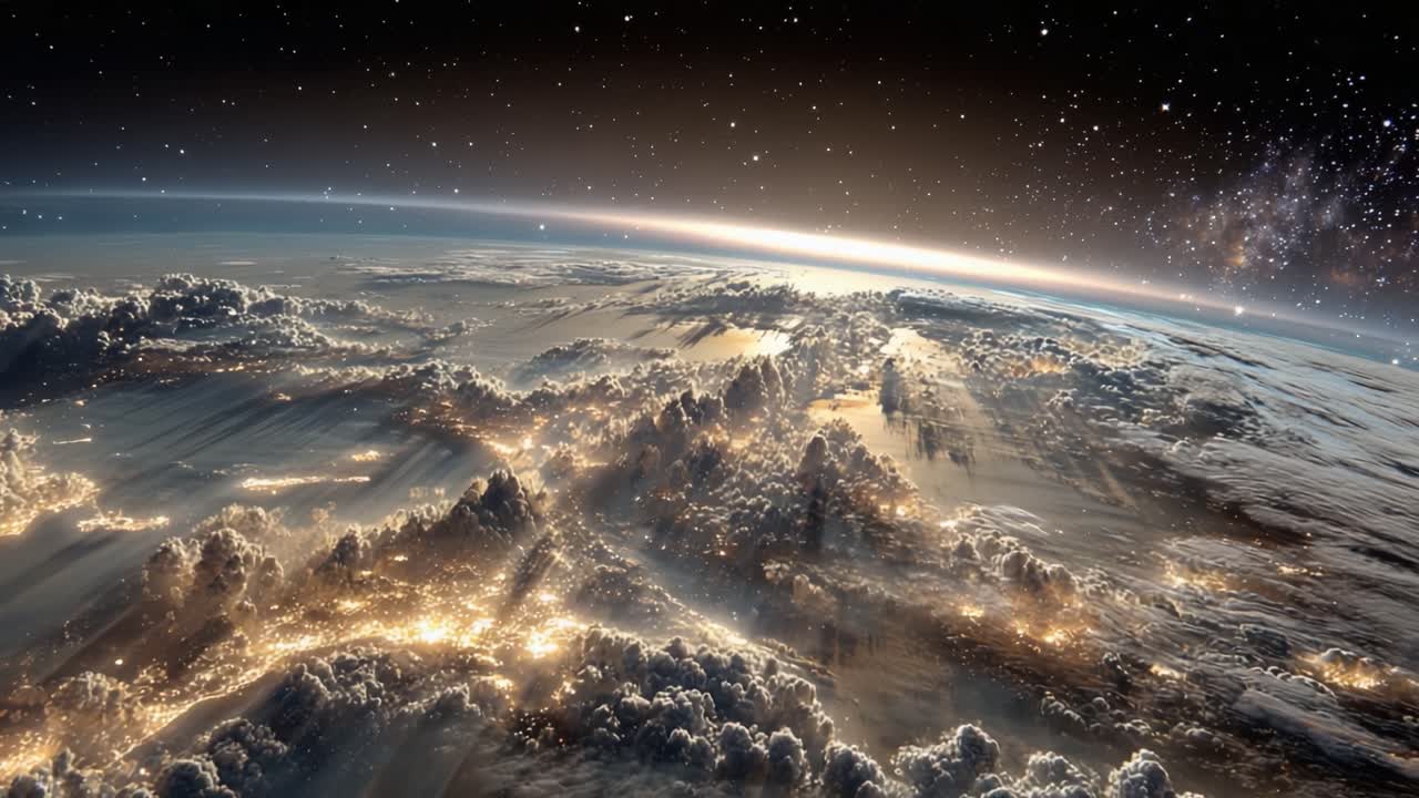 Stunning Outer Space View of Earth from Orbit: Captivating Horizons, Bright Lights, and Cloud Cover Create a Mesmerizing Scene of Our Planet in the Vast Universe