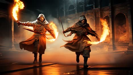 warriors with flaming weapons in a historic ruins at night