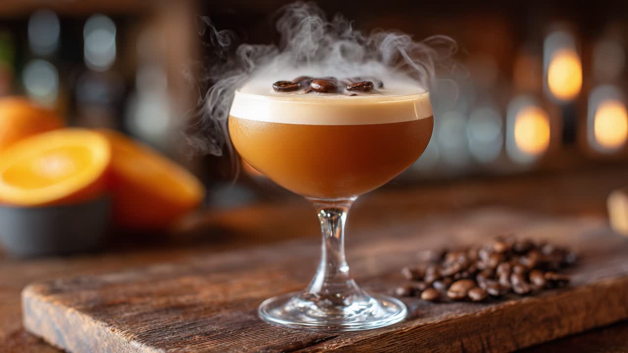 Cocktail aromatico al caffè con vapore e chicchi di caffè che mette in mostra l'essenza della mixology creativa in un invitante ambiente da bar