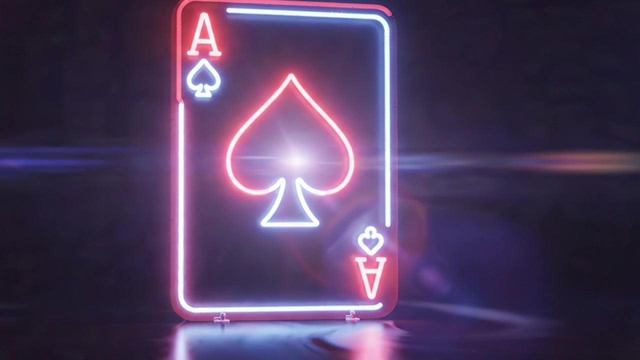 Illuminated Ace of Spades: A Vibrant Neon Playing Card Displaying the Iconic Symbol of Card Games in a Dark Ambience with Striking Visual Effects