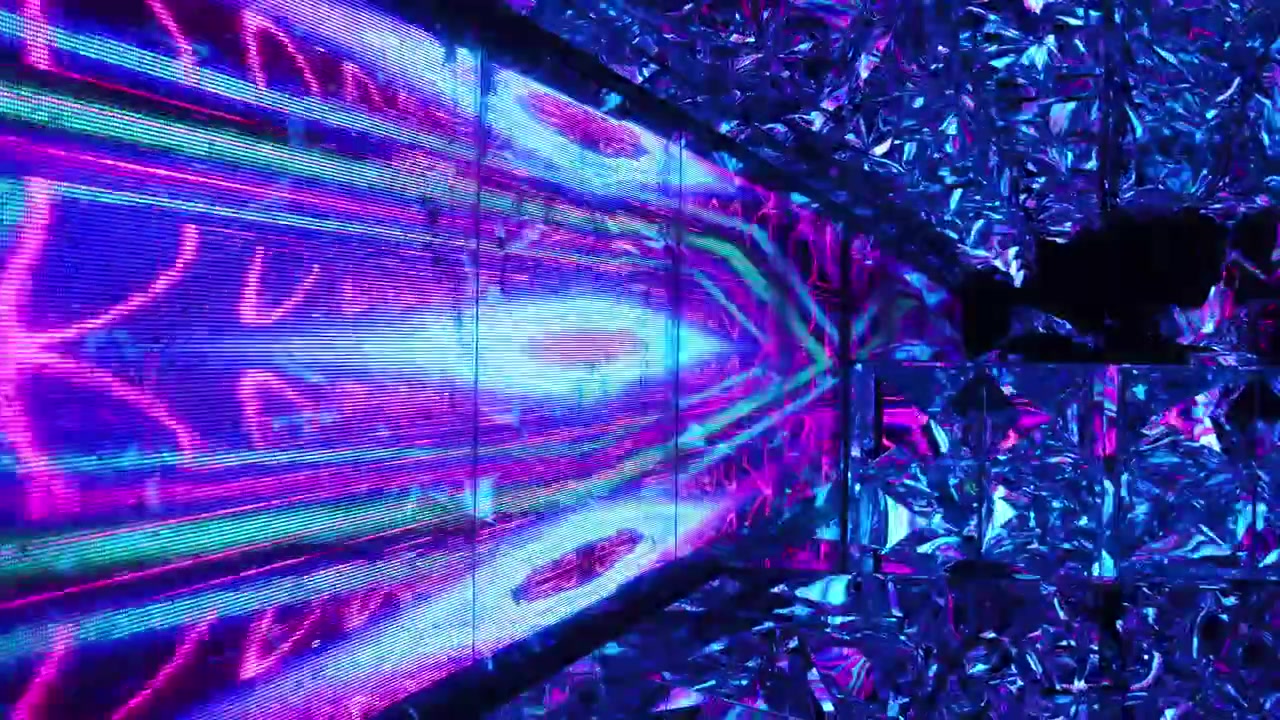 Futuristic neon LED wall reflecting inside kaleidoscopic mirror room with metallic textures
