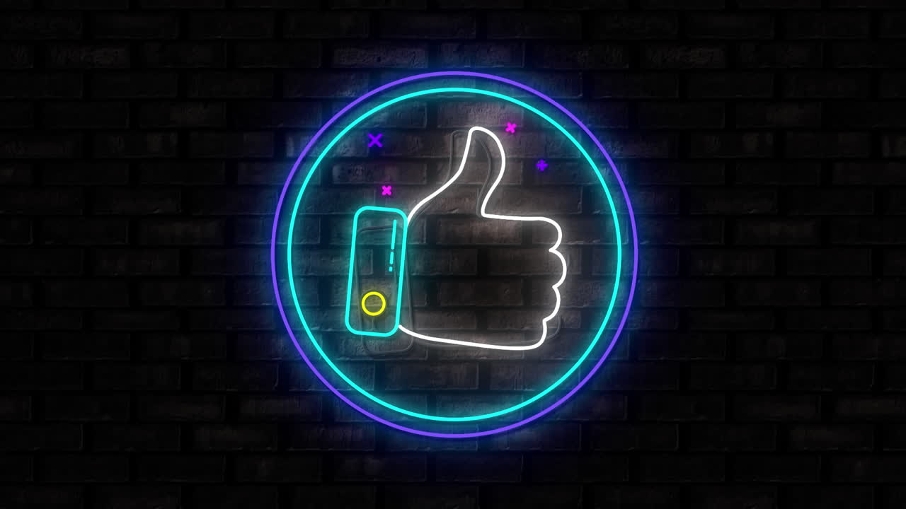 pulgares iluminados como un letrero de neón en el fondo de la pared de ladrillo negro