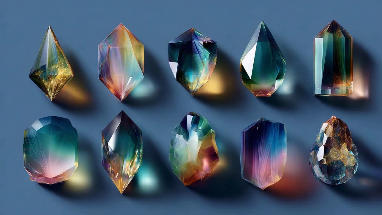A Stunning Collection of Colorful Crystal Shapes Displaying Iridescent Reflections and Refractions Against a Soft Blue Background, Highlighting Their Natural Beauty and Intricate Details