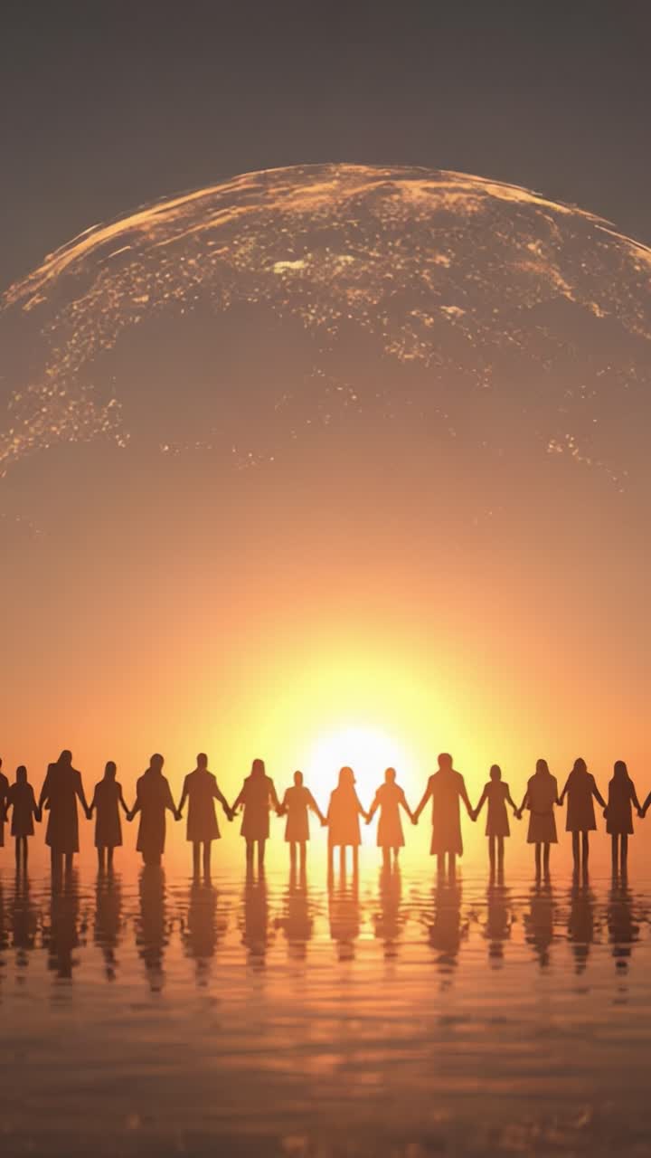 A Serene Assembly of Diverse Silhouettes Holding Hands Against a Golden Horizon, Symbolizing Unity and Hope in a Tranquil Sunset Landscape