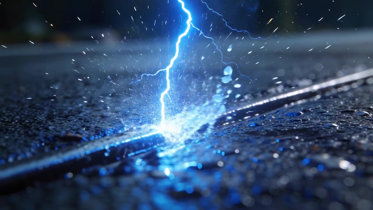 Nuvem de tempestade liberando um raio azul que atinge um trilho de metal e uma poça à noite, causando respingos.