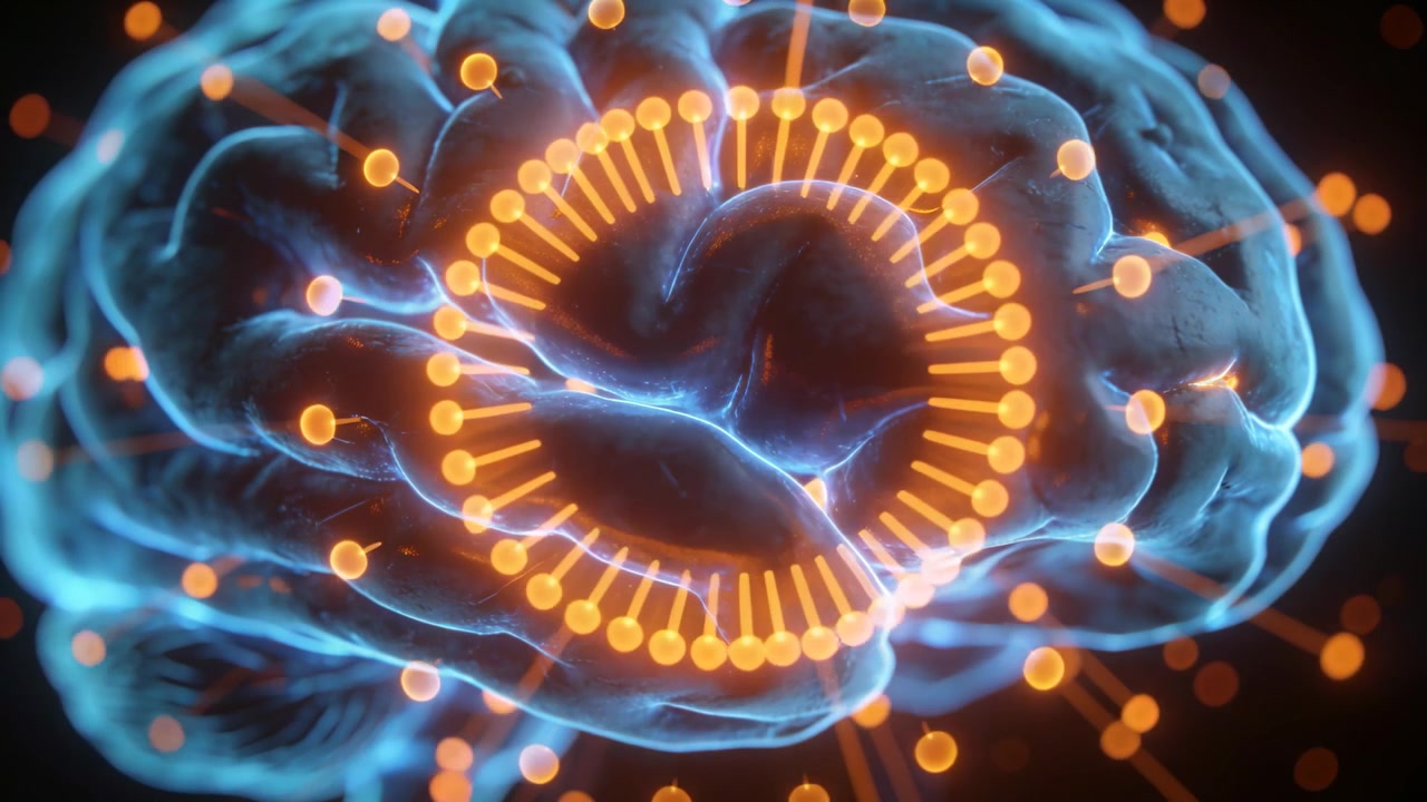 Starting orange nodes sweeping inward, nodes forming ring around 3D brain in dark CGI with shafts