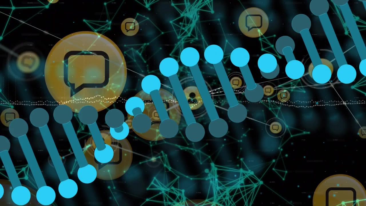 Rotating DNA Helix Amidst Social Media Icons and Digital Network