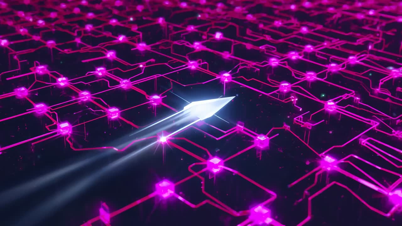 Gliding following frame one, diamond craft emitting dual trails over magenta lattice, mapping nodes