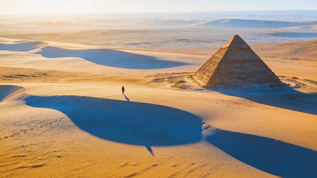 Ripresa drone: Persona solitaria con abiti scuri che cammina verso una piramide attraverso dune di sabbia, lasciando una scia.