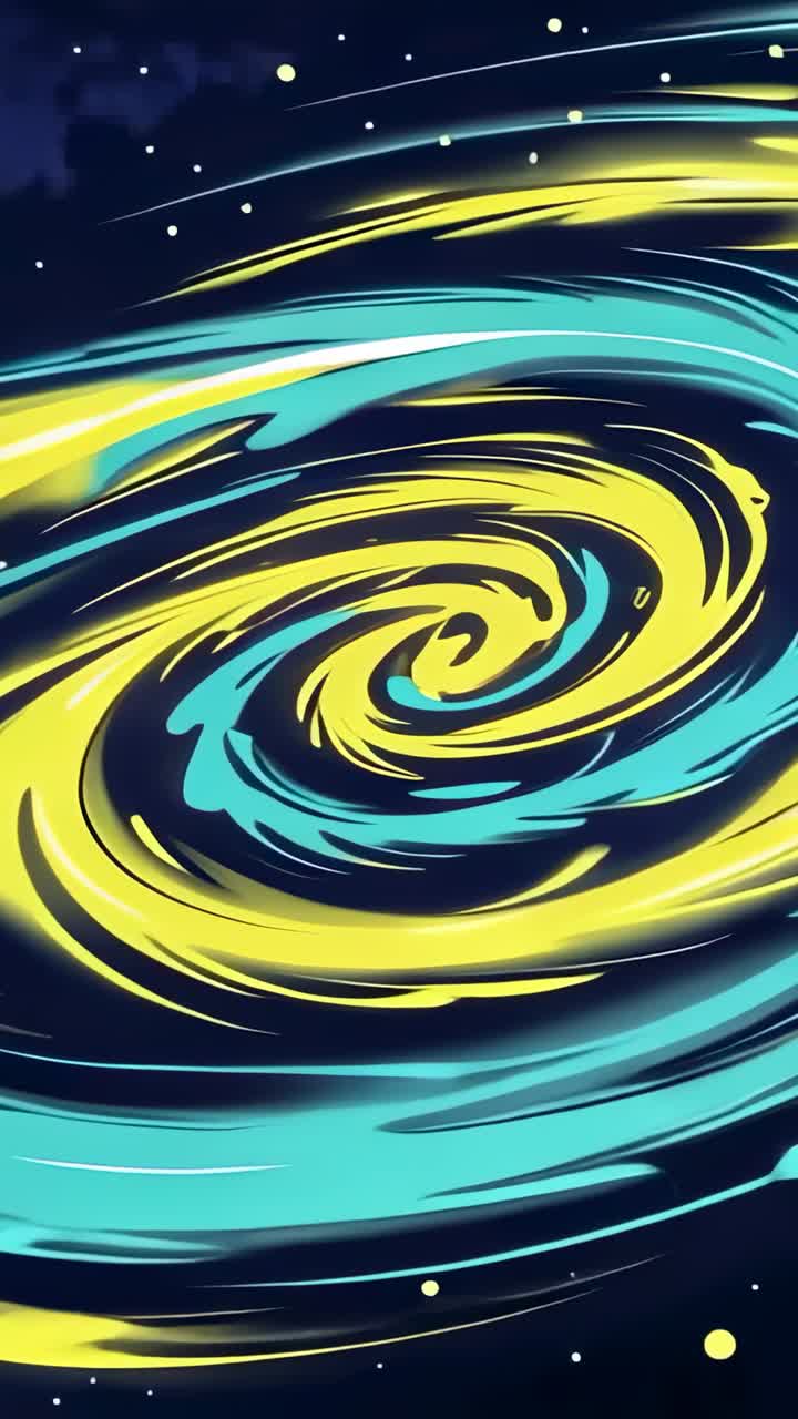 Vertical video: Emerging spiral rotating, expanding yellow-blue rings in space, with star specks