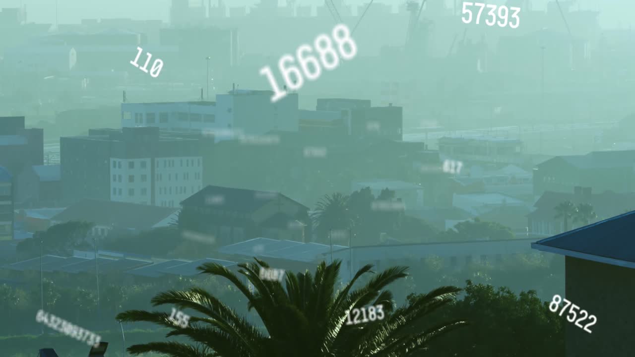 도시 풍경 위의 숫자 애니메이션과 데이터 처리