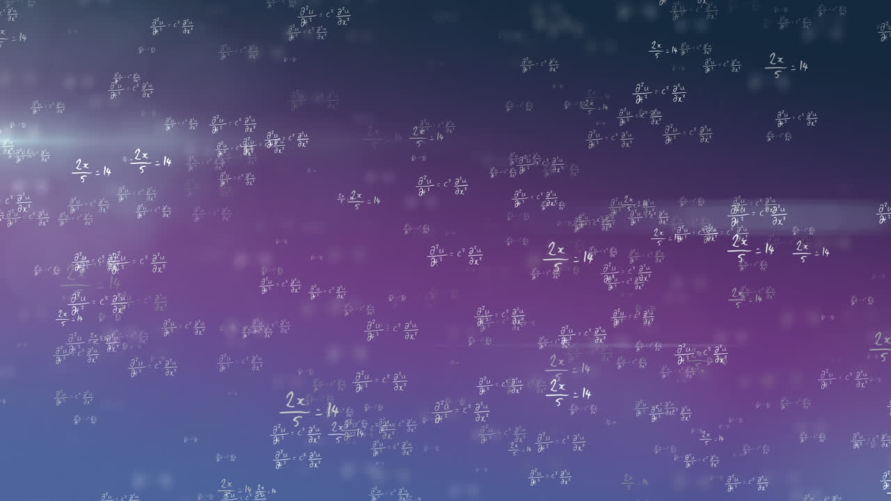 Animation of mathematical formulae floating on purple background