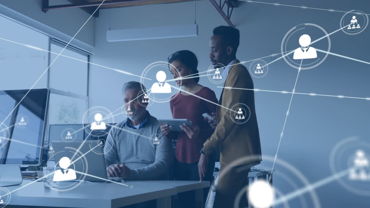 Animation of network of conncetions over diverse colleagues discussing work in office