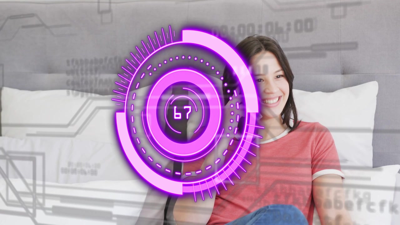 Teen female sitting sofa raising phone to ear starting call while purple HUD cycling readouts tech