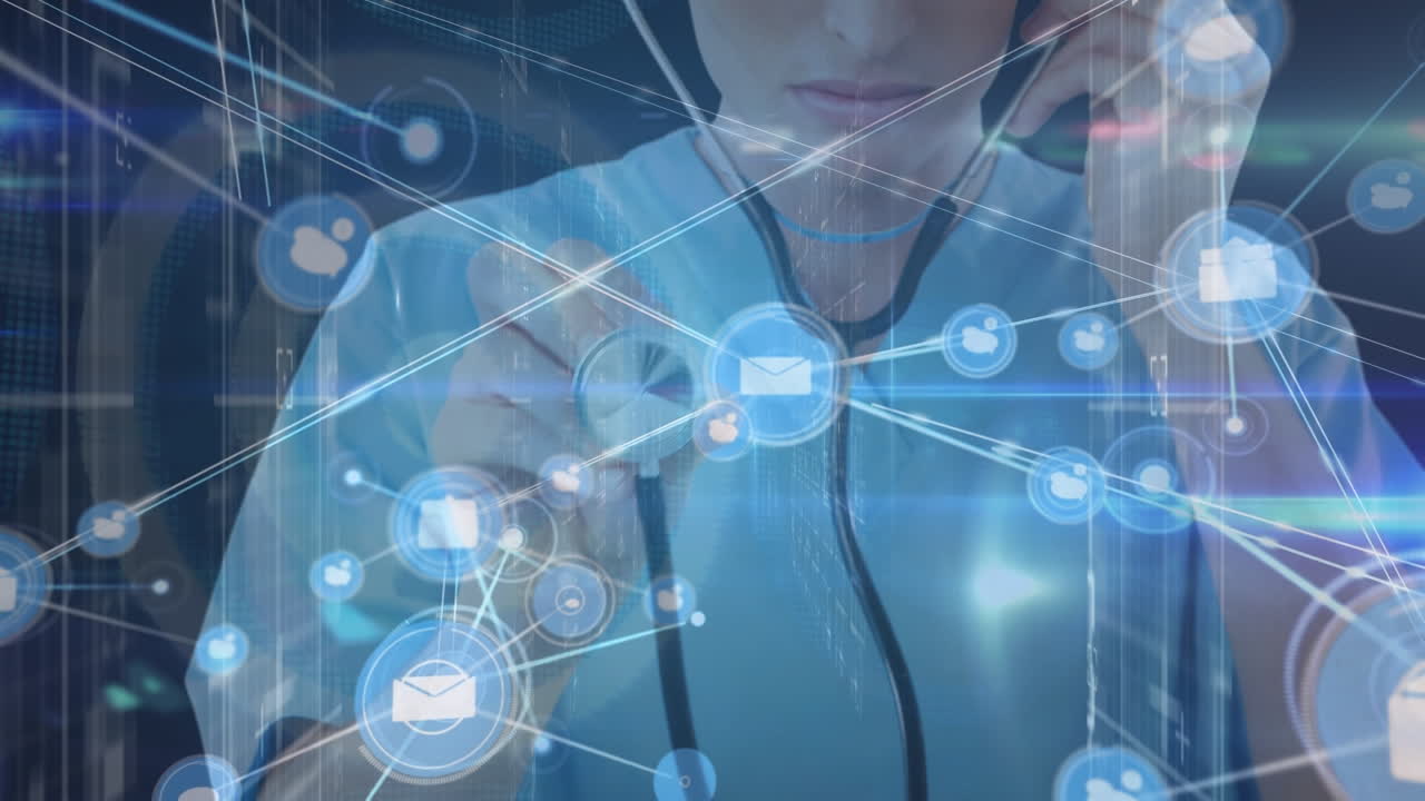 스테토스코프로 검사하는 백인 의사 위의 선과 연결되는 메일 아이콘의 애니메이션