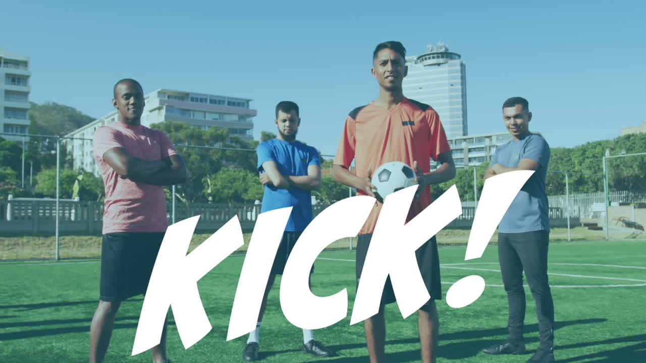 Animation of kick text over football players on the pitch