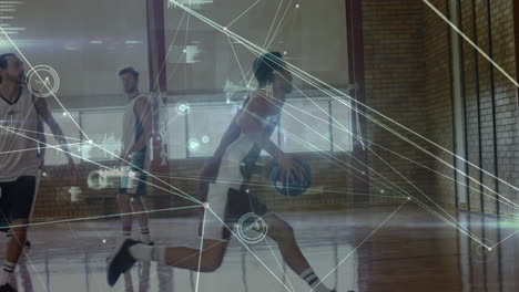 animation of networks of connections over group of diverse basketball players at gym