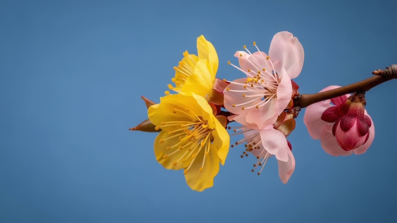 A Beautiful Close-Up of Blossom Flowers in Yellow and Pink Against a Clear Blue Sky, Capturing the Essence of Nature's Vibrant Colors and Intricate Details in Springtime