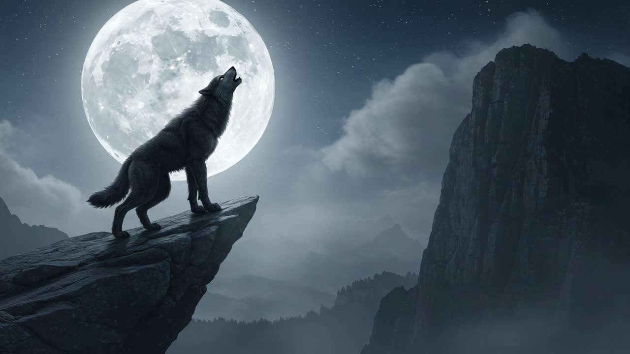 A majestic wolf howls at the luminous full moon, standing confidently on a rocky cliff surrounded by tranquil mountains in a mystical night landscape