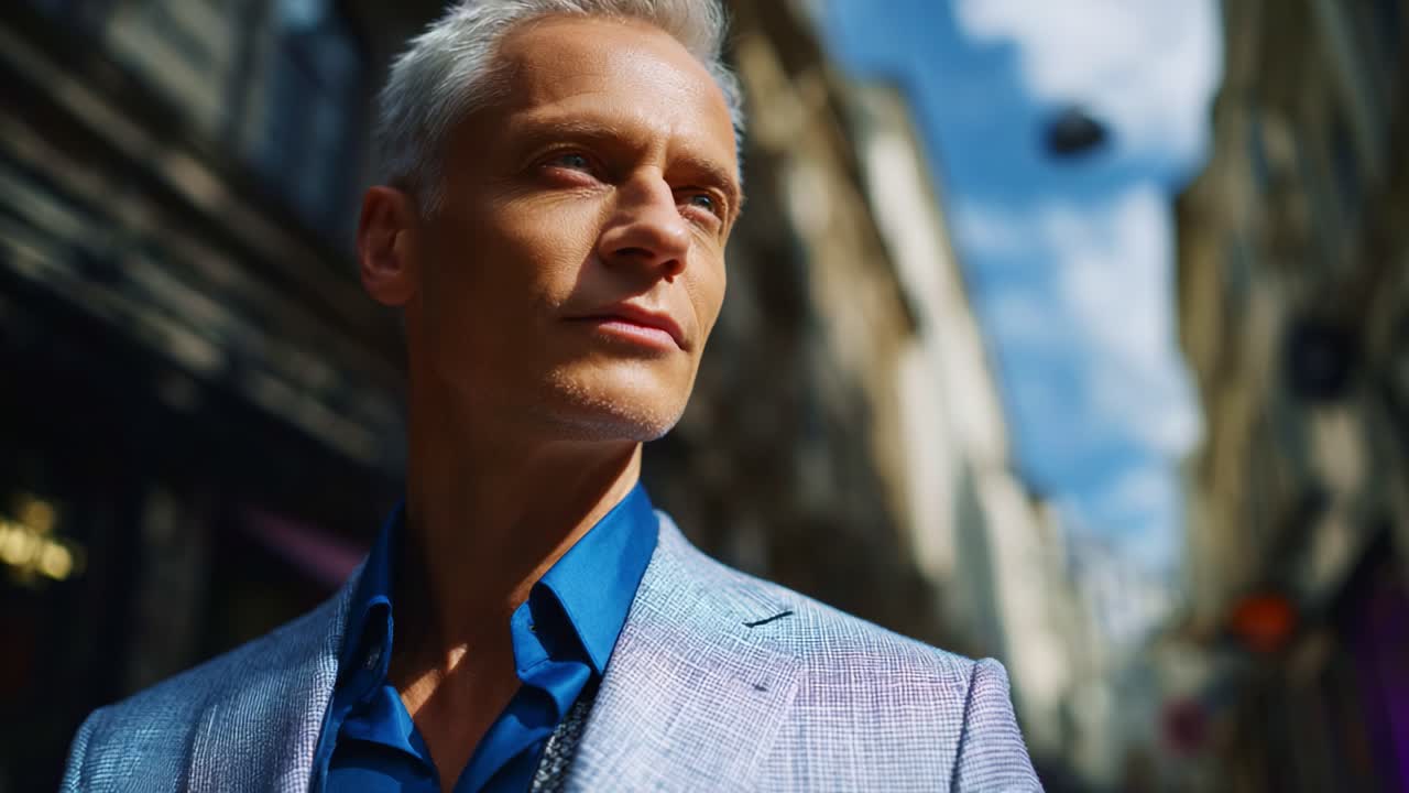 A Stylish Man in a Urban Setting, Standing Confidently in the Sunlight with a Reflective Expression, Showcasing Modern Fashion and Urban Lifestyle