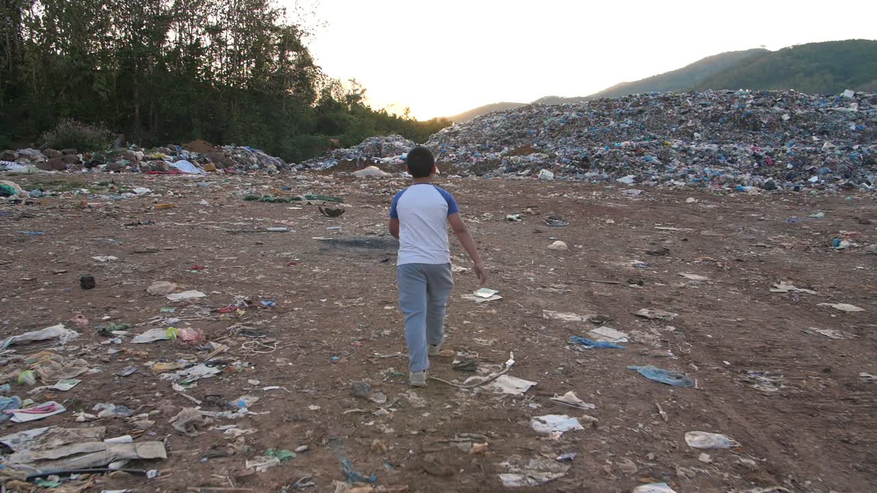 Back Of Boy Walking In Environmental Pollution, Slow Motion