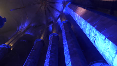 las luces de neón brillan en la catedral de barcelona durante el concierto, vista desde abajo